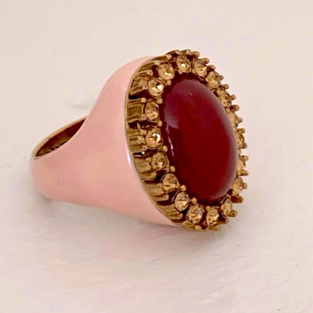 Burgundy Glass Cabochon and Rhinestone with Pink Enamel Ring J.Crew -